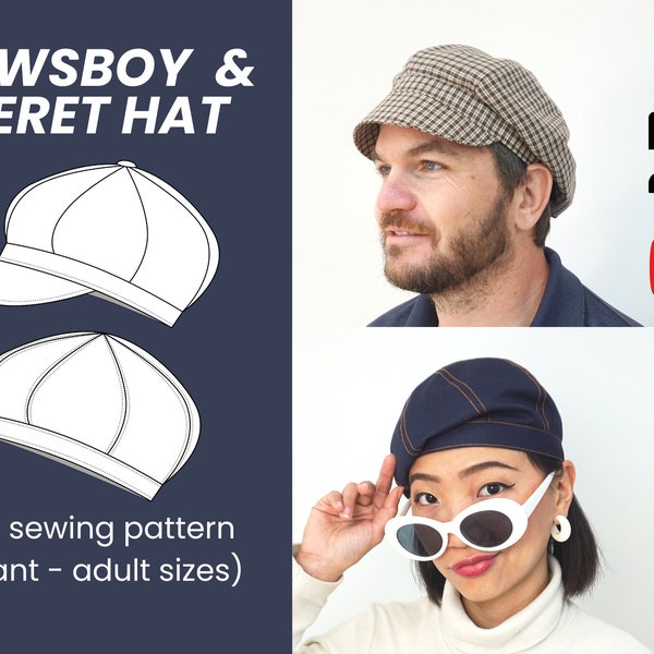 Newsboy Beret Hat PDF Sewing Pattern | Photo & Video Tutorial | Child Teen Adult Unisex 18" - 27" head | A0 A4 US letter | instant download