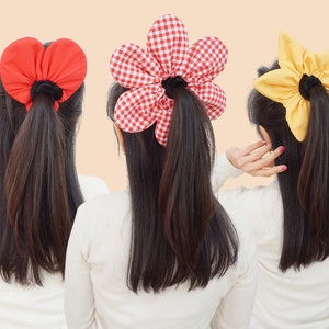 DIY sewing pattern for cute hair scrunchies in petal fleur, star, and heart shapes