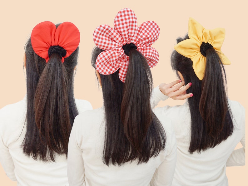 DIY sewing pattern for cute hair scrunchies in petal fleur, star, and heart shapes
