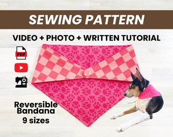 Dog Bandana Reversible Snap Closure Easy PDF Sewing Pattern, Photo Video Tutorial, Written Instructions (10" - 26" neck) INSTANT DOWNLOAD