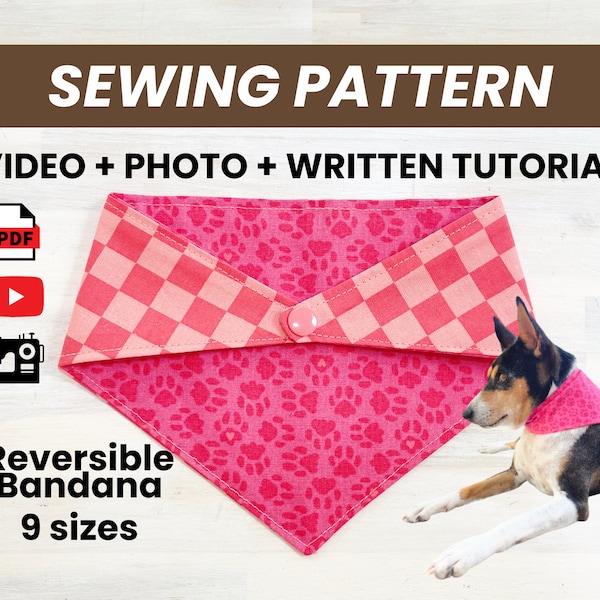 Dog Bandana Reversible Snap Closure Easy PDF Sewing Pattern, Photo Video Tutorial, Written Instructions (10" - 26" neck) INSTANT DOWNLOAD