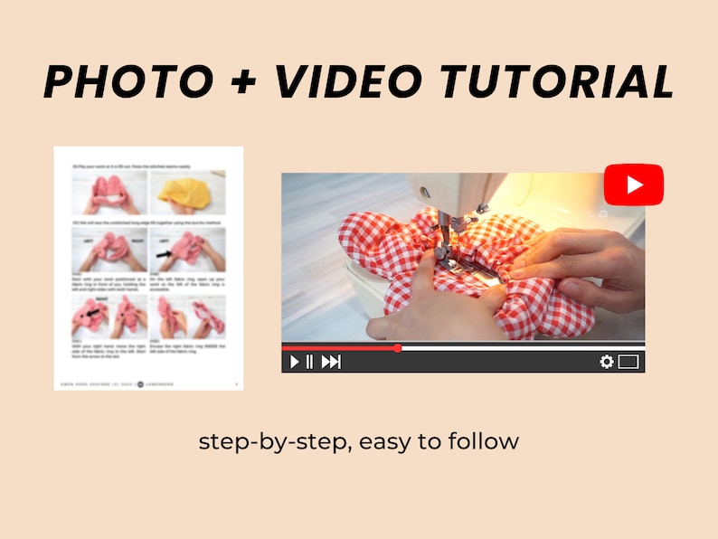 step by step photo tutorial and video tutorial in instruction manual for hair scrunchie sewing pattern