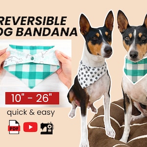 Op de afbeelding: Twee honden dragen omkeerbare hondenbandanas. De bandanas zijn aan de ene kant groen-wit geruit en aan de andere kant zwart-wit met poot afdrukken. De tekst "REVERSIBLE DOG BANDANA" staat bovenaan de afbeelding. De tekst "10" - 26" quick & easy" staat onder de honden. De tekst "PDF" en een afspeelknop staan onder de tekst.