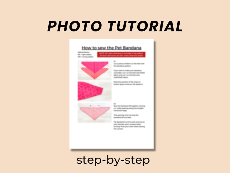 Op de afbeelding: Een fototutorial over het naaien van een hondenbandana. De tutorial bevat stapsgewijze instructies en afbeeldingen van het proces. De bandana is roze met witte stippen.