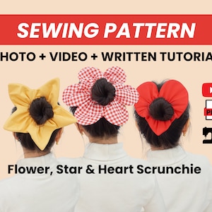 Sewing pattern bundle for statement star flower and heart hair scrunchie by Gwen Heng Designs. Text reads "Sewing Pattern, Photo Video Written Tutorial". Logo of Youtube video, PDF file, and sewing machine.