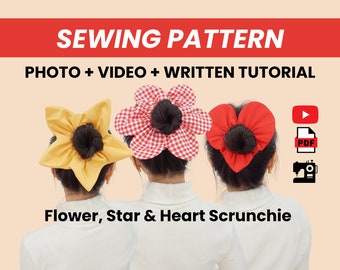 Flower, Star and Heart Scrunchie PDF Sewing Pattern, Photo Video Tutorial, Instant Download Digital Template, US letter A4, hair scrunchies