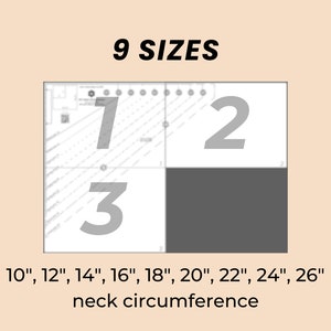 Op de afbeelding: Een grafiek met 9 maten voor de nek omtrek, vari&euml;rend van 10 inch tot 26 inch. De grafiek is verdeeld in drie secties, gelabeld 1, 2 en 3.