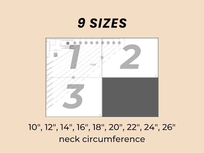 Op de afbeelding: Een grafiek met 9 maten voor de nek omtrek, vari&euml;rend van 10 inch tot 26 inch. De grafiek is verdeeld in drie secties, gelabeld 1, 2 en 3.