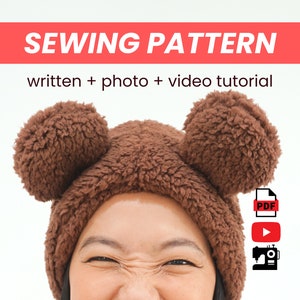 Padrão de costura digital em PDF para protetor de orelha de urso fofo - Faixa de cabeça com protetor de orelha de lã quente para adultos para inverno ou fantasia, carta dos EUA A4 Download instantâneo
