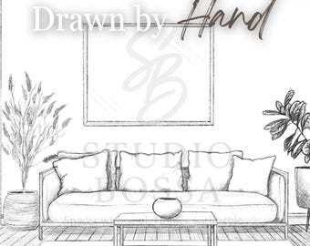 May include: A monochrome sketch of a living room interior. The image shows a sofa with cushions, a coffee table, and potted plants. The words "Drawn by Hand" and "STUDIO BOSSA" are visible.
