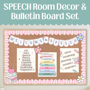 May include: A cork bulletin board with a pink scalloped border and the text "WELCOME to SPEECH". The board features educational charts on speech therapy topics, including AAC, syntax, and phonology. Decorative flowers and an apple accent the design.