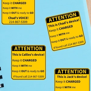 Picture shows a set of personalized AAC stickers.  The SPED stickers are yellow with black lettering.  The SLP stickers include a person's name and Attention, this is my voice.  Keep it charged.  Keep it with me.  Keep it out and ready to go!