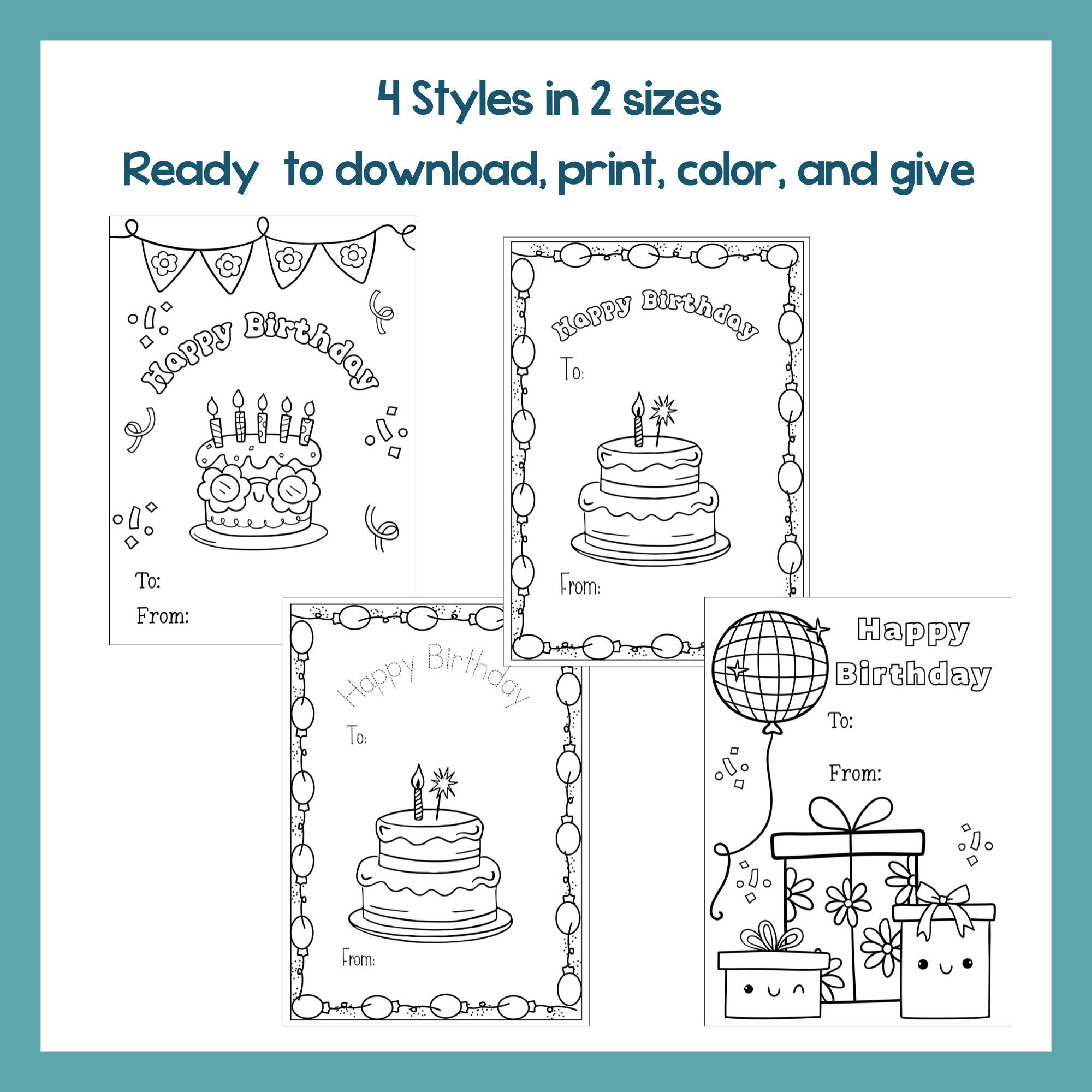 Printable Birthday Coloring Cards for Kids DIY Greeting Card Instant ...