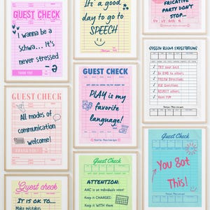 May include: A series of framed prints with vibrant backgrounds and text. The prints display phrases such as "Guest Check," "Play is my favourite language," and "You Got This!" The prints have a playful, educational theme.