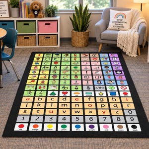 AAC core vocabulary carpet is shown in an SLP classroom speech clinic AAC rug