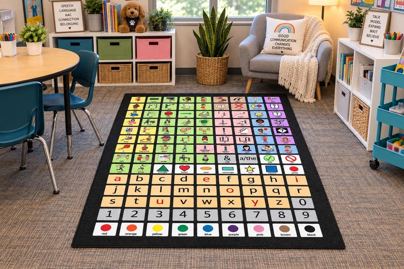 AAC core vocabulary carpet is shown in an SLP classroom speech clinic AAC rug