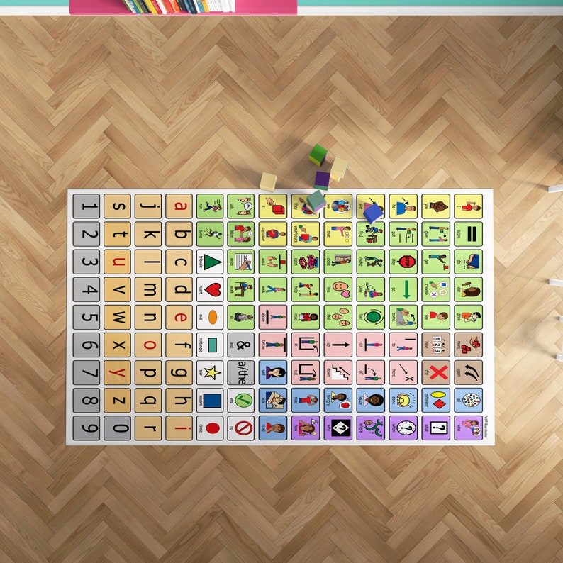An AAC core vocabulary board carpet is shown on a wooden floor.  The AAC rug is shown from the top down.