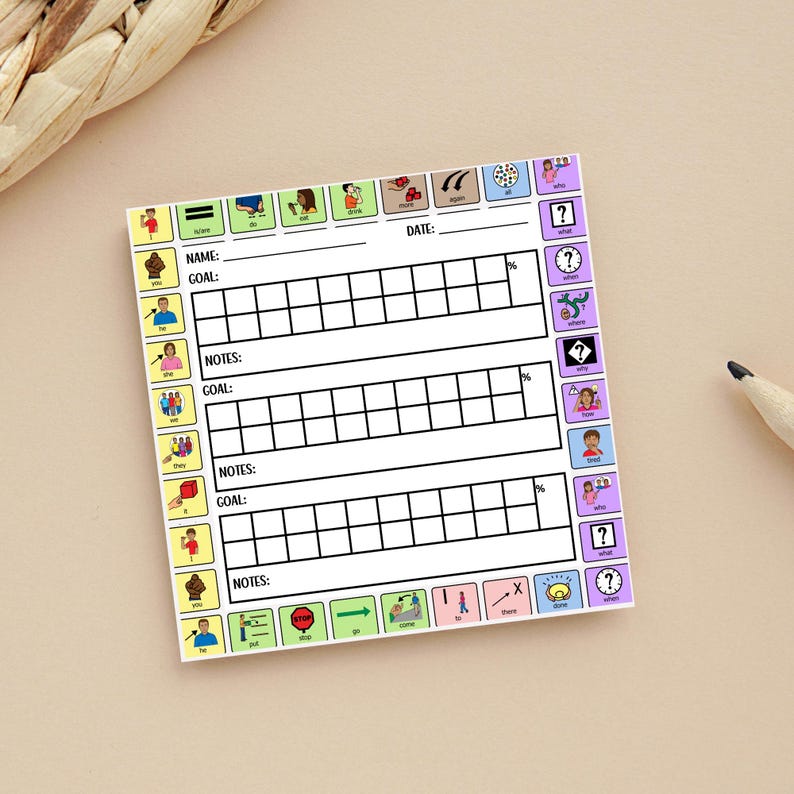 aac core vocabulary post it note is on a desk