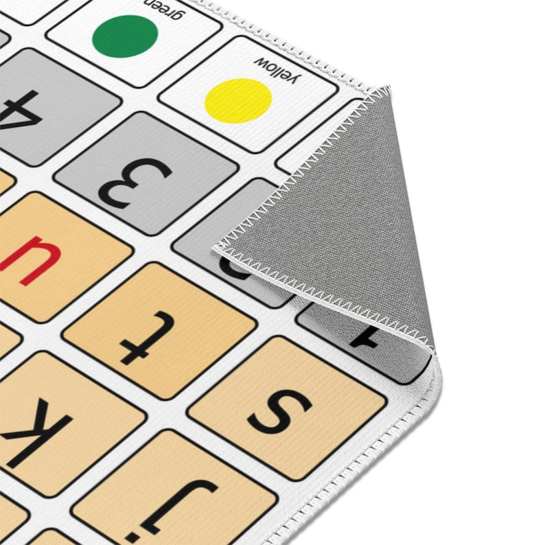 An AAC core vocabulary rug is on white floor.  The edge of the AAC carpet is shown.