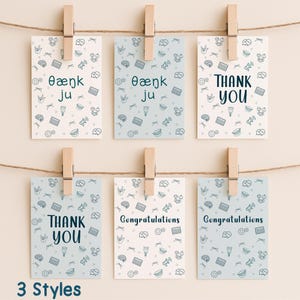 A collection of six printable SLP greeting cards clipped on a string, featuring designs that say “Thank You,” “Congratulations,” and “θæŋk ju” in two background styles. Cards are decorated with speech therapy-related illustrations and ready for digital download.