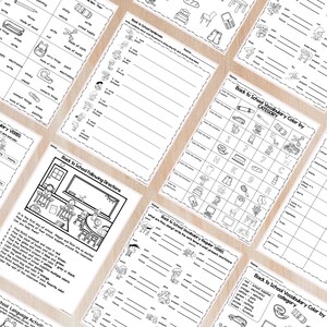 May include: A collection of black and white printable worksheets for back-to-school activities. The worksheets cover vocabulary, sentence structure, and following directions. Images include school supplies, classroom scenes, and vocabulary words. The worksheets are designed for educational use.
