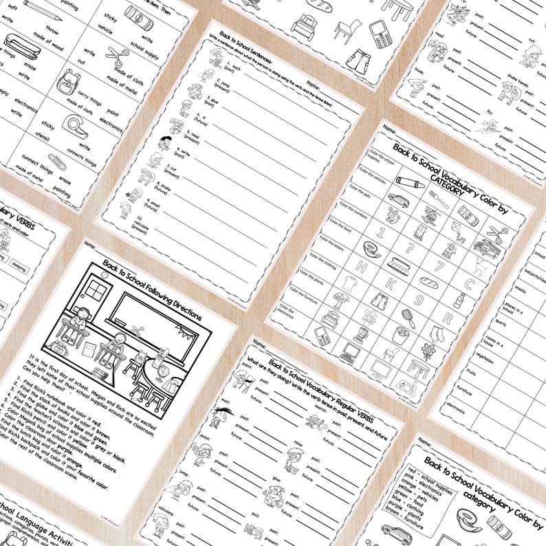 May include: A collection of black and white printable worksheets for back-to-school activities. The worksheets cover vocabulary, sentence structure, and following directions. Images include school supplies, classroom scenes, and vocabulary words. The worksheets are designed for educational use.