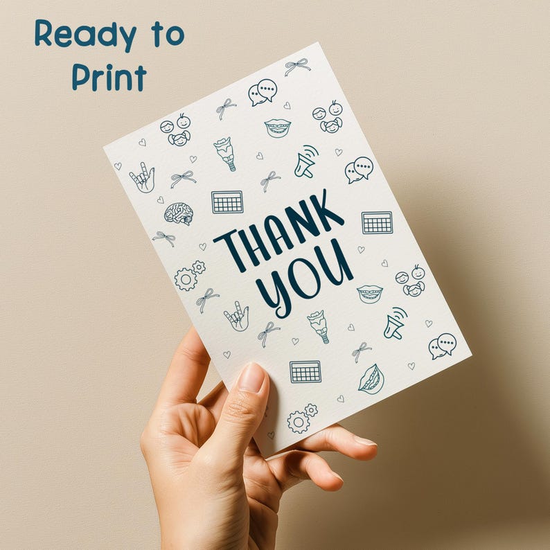 Hand holding a printable “Thank You” greeting card for SLPs, decorated with speech therapy icons including lips, brains, symbol grids, and speech bubbles. Ideal for digital download and print-at-home use to appreciate speech therapists or supervisors.