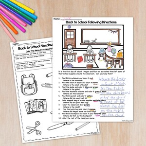 May include: Two worksheets with school-themed vocabulary and following directions exercises. The worksheets are on a wooden surface with colorful pencils. The "Back to School Following Directions" worksheet has a classroom illustration with instructions.