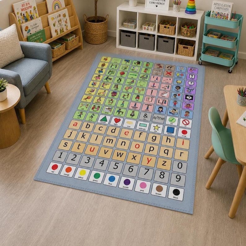 K&ouml;nnte beinhalten: Ein rechteckiger Lernteppich mit hellblauem Rand. Der Teppich zeigt bunte Quadrate mit Buchstaben, Zahlen und Symbolen. Der Teppich ist f&uuml;r das Lernen und Spielen konzipiert, mit Schwerpunkt auf fr&uuml;hkindlicher Bildung.