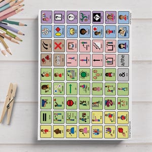 AAC core vocabulary notebook placed on a white desk next to colored pencils and a clothespin, showing a grid of high-frequency words with symbols used in speech therapy and special education to support communication for AAC users and language learners.