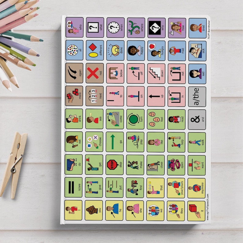 AAC core vocabulary notebook placed on a white desk next to colored pencils and a clothespin, showing a grid of high-frequency words with symbols used in speech therapy and special education to support communication for AAC users and language learners.