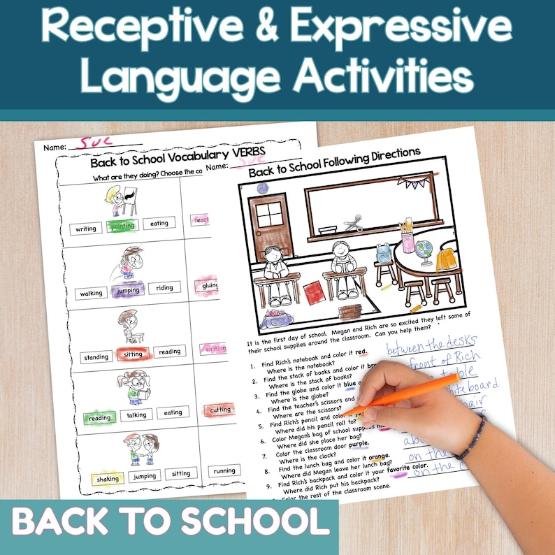 May include: Educational worksheet with the text "Back to School Vocabulary VERBS" and "Back to School Following Directions". The worksheet features illustrations of children and classroom objects, with fill-in-the-blank exercises. A hand is holding an orange pen.