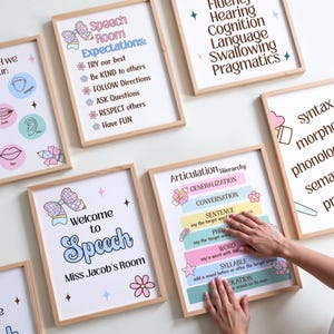 Peut inclure: Plusieurs affiches éducatives encadrées avec des cadres en bois clair. Les affiches présentent du texte et des graphiques colorés liés à l'orthophonie, notamment "Speech Room Expectations" et "Articulation Hierarchy". Le thème général est éducatif et de soutien.
