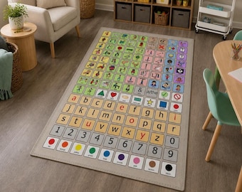 May include: A rectangular educational rug with a grid of colorful squares featuring letters, numbers, and symbols. The rug has a beige border and is designed for learning. The rug measures approximately 60 inches by 80 inches.