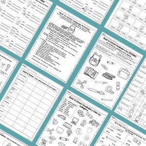 May include: A collection of black and white printable worksheets for back-to-school activities. The worksheets include vocabulary, grammar, and coloring exercises. The text on the worksheets includes "Back to School Language Activities" and "Back to School Vocabulary".