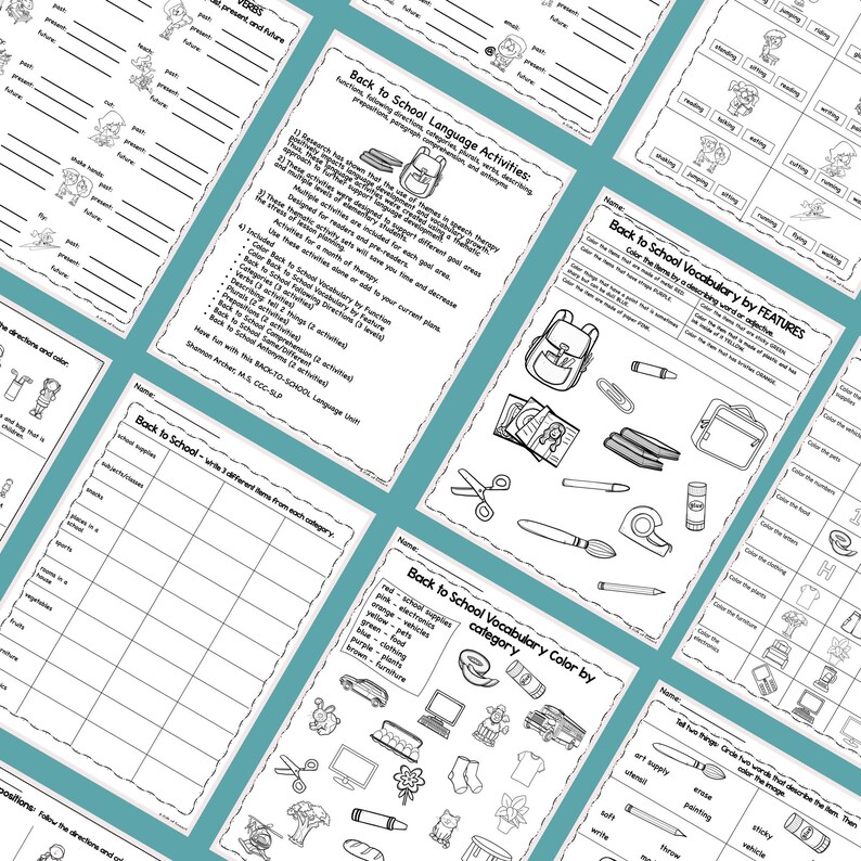 May include: A collection of black and white printable worksheets for back-to-school activities. The worksheets include vocabulary, grammar, and coloring exercises. The text on the worksheets includes "Back to School Language Activities" and "Back to School Vocabulary".