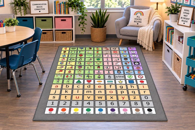 grey AAC rug for SLP classroom decor for special education class AAC carpet