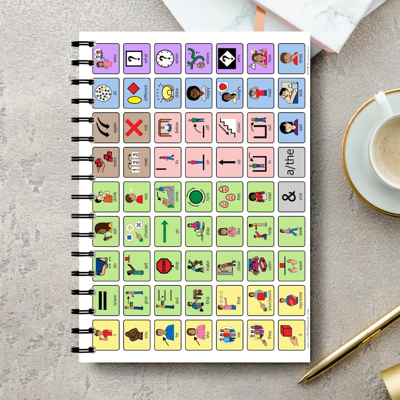 Speech therapy notebook designed with core vocabulary symbols in color-coded boxes to represent parts of speech, including words like "go", "stop", "want", and "help", used by SLPs and educators to model language in therapy sessions.