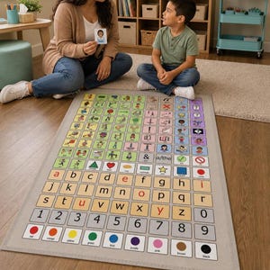 K&ouml;nnte beinhalten: Ein rechteckiger Lernteppich mit grauem Rand und einem Raster aus bunten Quadraten. Die Quadrate enthalten Buchstaben, Zahlen und Symbole. Der Teppich hat auch eine Farbtabelle am unteren Rand. Eine Person und ein Kind sitzen in der N&auml;he des Teppichs.