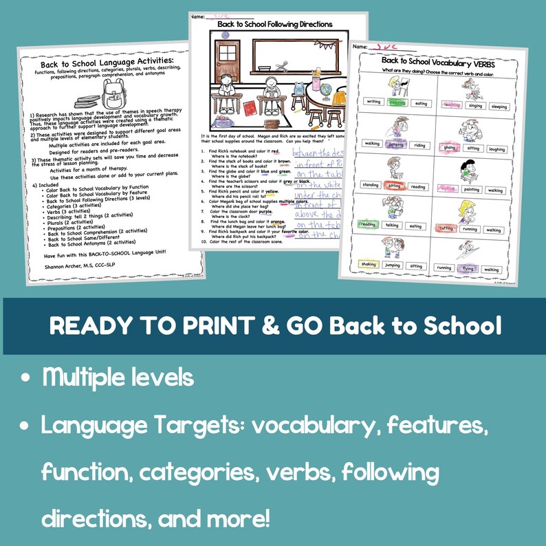 May include: Educational printables for back-to-school language activities. Includes worksheets on vocabulary, following directions, and verbs. The text reads "READY TO PRINT & GO Back to School" and lists language targets.