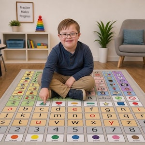 K&ouml;nnte beinhalten: Ein farbenfroher Lernteppich mit Buchstaben, Zahlen und Formen. Der Teppich hat ein Raster aus Quadraten mit Illustrationen und Text. Eine Person sitzt auf dem Teppich und zeigt auf ein Dreieck. Der Text "Practice Makes Progress" ist im Hintergrund zu sehen.
