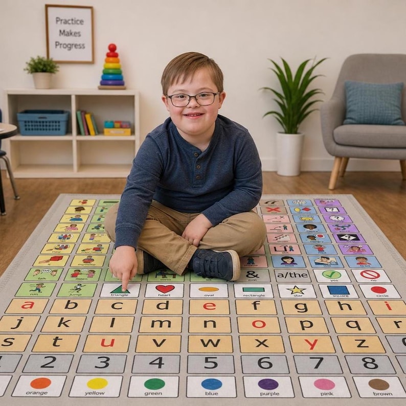 K&ouml;nnte beinhalten: Ein farbenfroher Lernteppich mit Buchstaben, Zahlen und Formen. Der Teppich hat ein Raster aus Quadraten mit Illustrationen und Text. Eine Person sitzt auf dem Teppich und zeigt auf ein Dreieck. Der Text "Practice Makes Progress" ist im Hintergrund zu sehen.