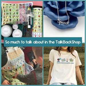 May include: A collage of items from the TalkBackShop. Includes a gift box with a pillow, a tumbler, and candles. A silver necklace with the word "Speech". An apron with numbers and symbols. A cream-colored t-shirt with a graphic.