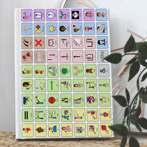 Colorful AAC core board notebook with picture symbols and key communication phrases like "I want," "go," "help," and "more," displayed on a grid for easy access during speech therapy sessions in school or clinic settings.