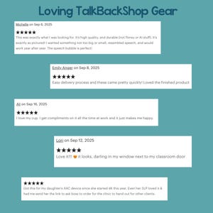 May include: A teal background with white text that reads "Loving TalkBackShop Gear." Below are customer reviews with dates and star ratings. The reviews mention product quality, delivery, and satisfaction.