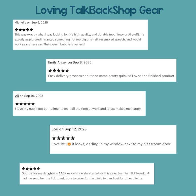 May include: A teal background with white text that reads "Loving TalkBackShop Gear." Below are customer reviews with dates and star ratings. The reviews mention product quality, delivery, and satisfaction.