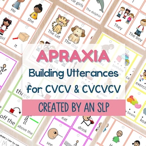 May include: A collection of educational flashcards for speech therapy. The cards feature colorful illustrations and text, including words like "He," "She," and "The cat." The title "APRAXIA Building Utterances" is displayed prominently.