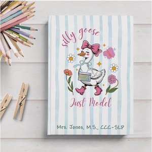 May include: A notebook with a whimsical design featuring a cartoon goose wearing a pink bow and boots, holding a keyboard. The text reads "silly goose Just Model" on a striped background. The notebook is personalized with a name and credentials.