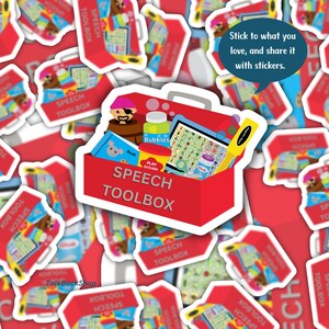 The image includes a red toolbox with various speech therapy toys and tools.