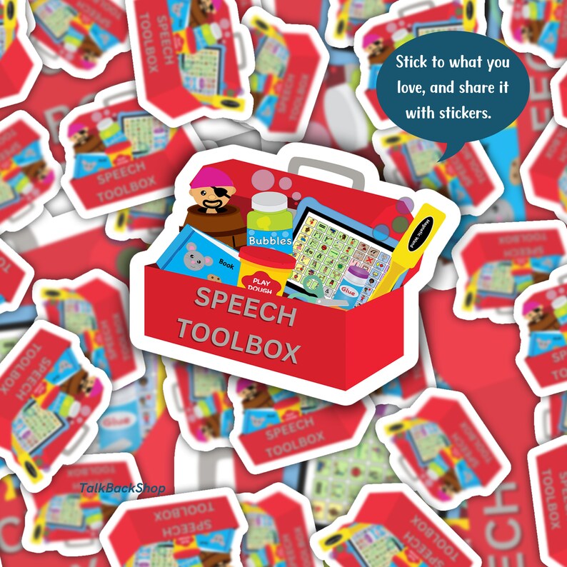 The image includes a red toolbox with various speech therapy toys and tools.